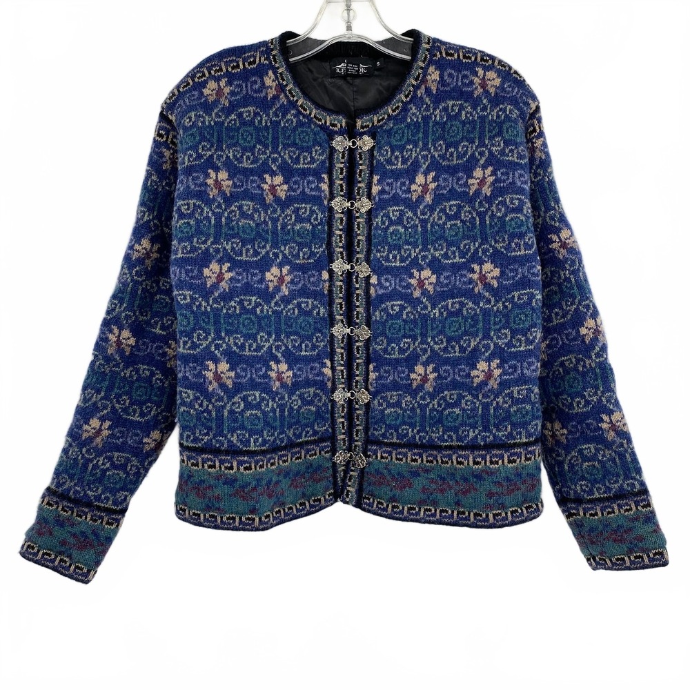 Icelandic Designs Blue Utility Jacket Patterned Hook Closure | Womens S